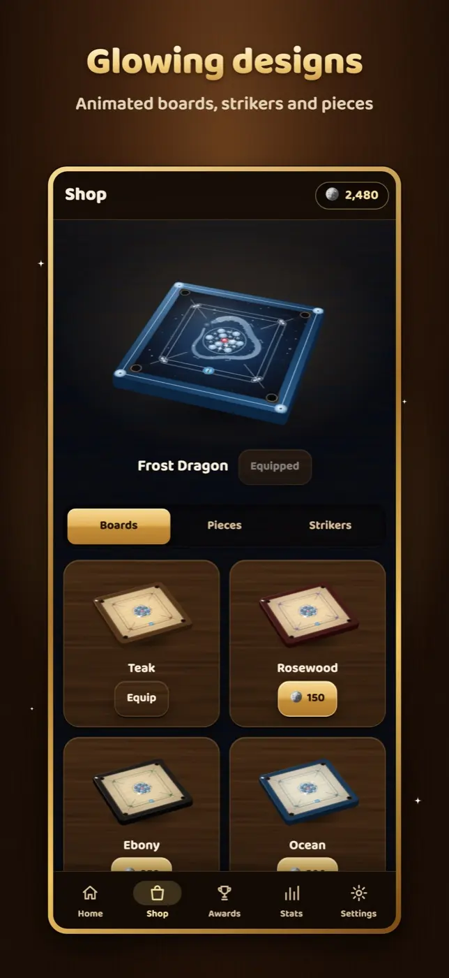 Boards, strikers and coin sets