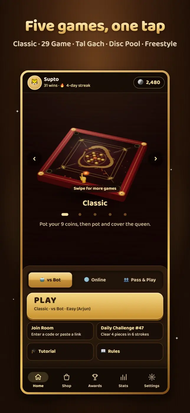 Five game types, one tap