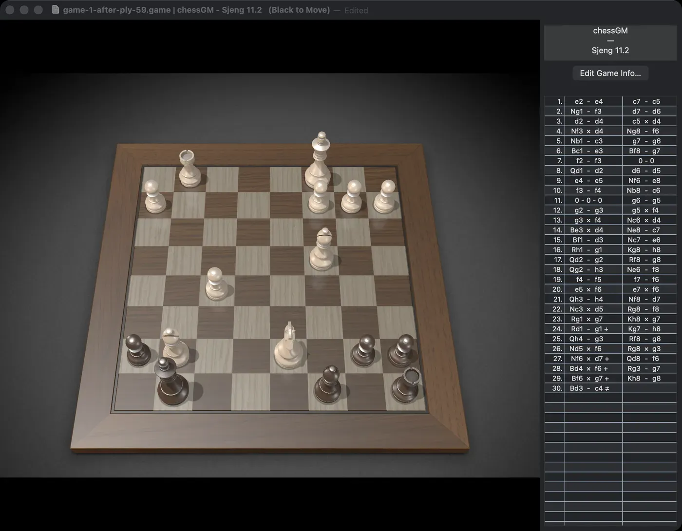 Chess.app window showing Game 1, final position after 30.Bc4 mate (59 plies): chessGM wins. Chess.app shows the board from Black's side because it is Black's turn.