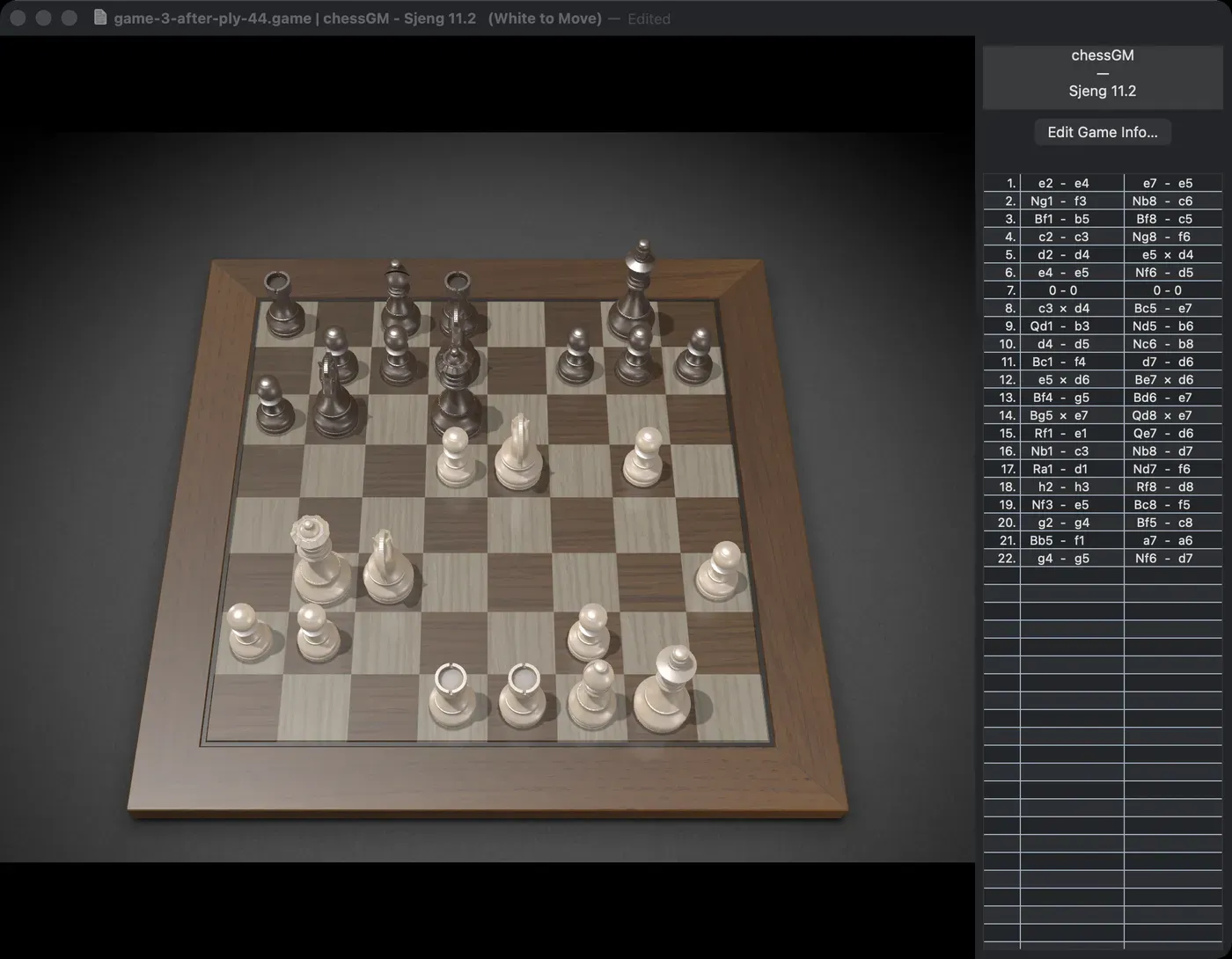 Chess.app window showing Game 3, after 22...Nfd7 (ply 44): Sjeng's blunder by Stockfish, +1.4 to +5.7 for chessGM.