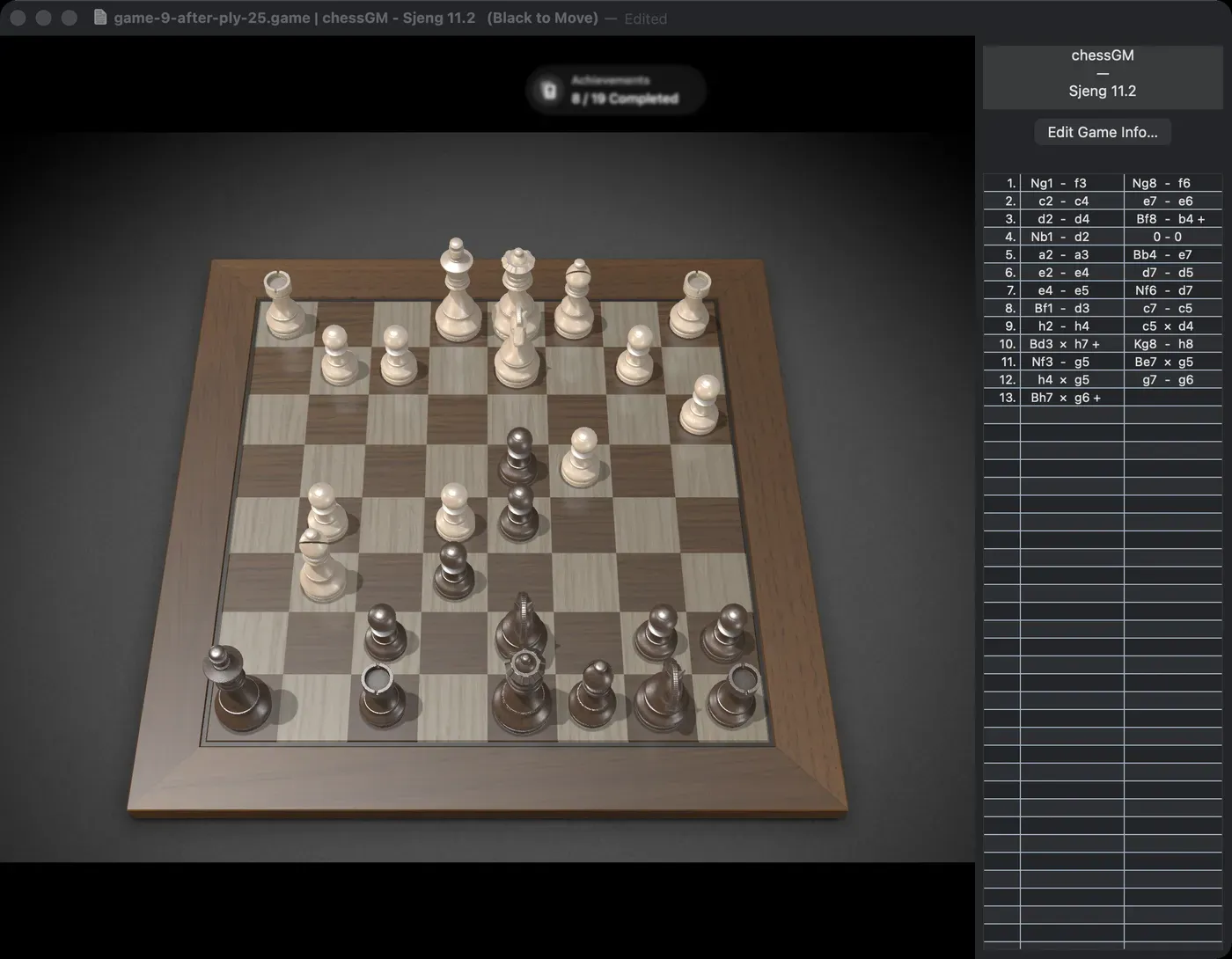 Chess.app window showing Game 9, after 13.Bxg6+ (ply 25): the attack is decisive, chessGM now sees a forced mate.