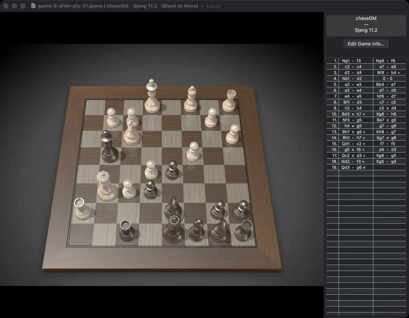 Chess.app window showing Game 9, final position after 19.Qg6 mate (37 plies), the shortest win of the match.