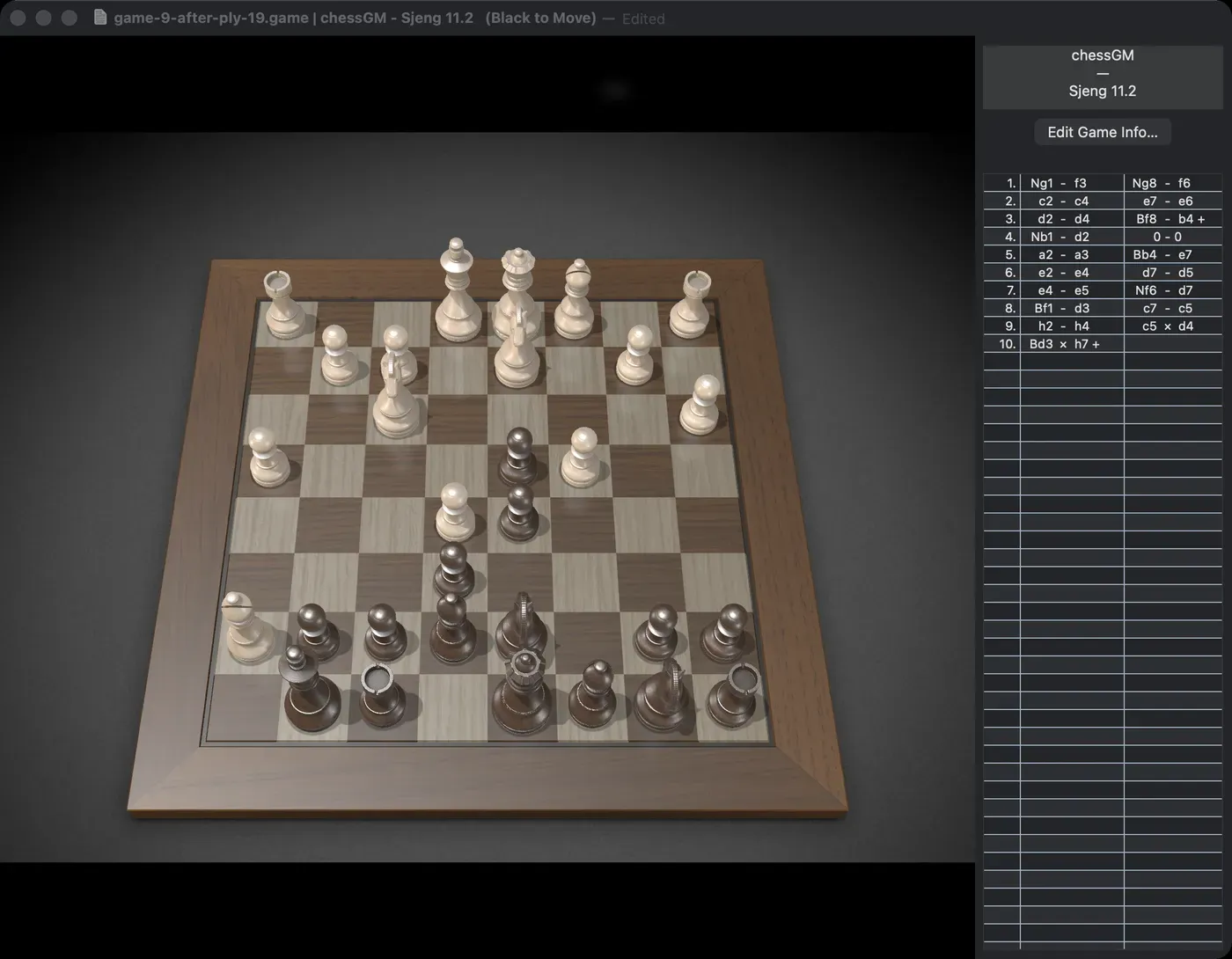 Chess.app window showing Game 9, after 10.Bxh7+ (ply 19): chessGM starts the classic bishop sacrifice on h7; this is where Sjeng's king is drawn out.