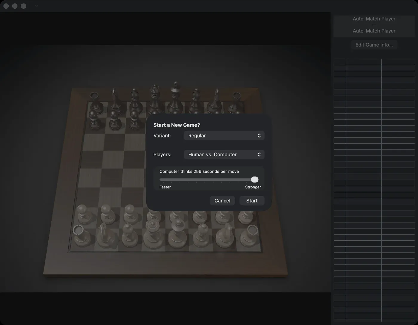 Chess.app window showing Chess.app's own New Game sheet with the computer slider pushed to its right-hand end (Stronger). The app labels this “Computer thinks 256 seconds per move“, but at this setting it only sends Sjen