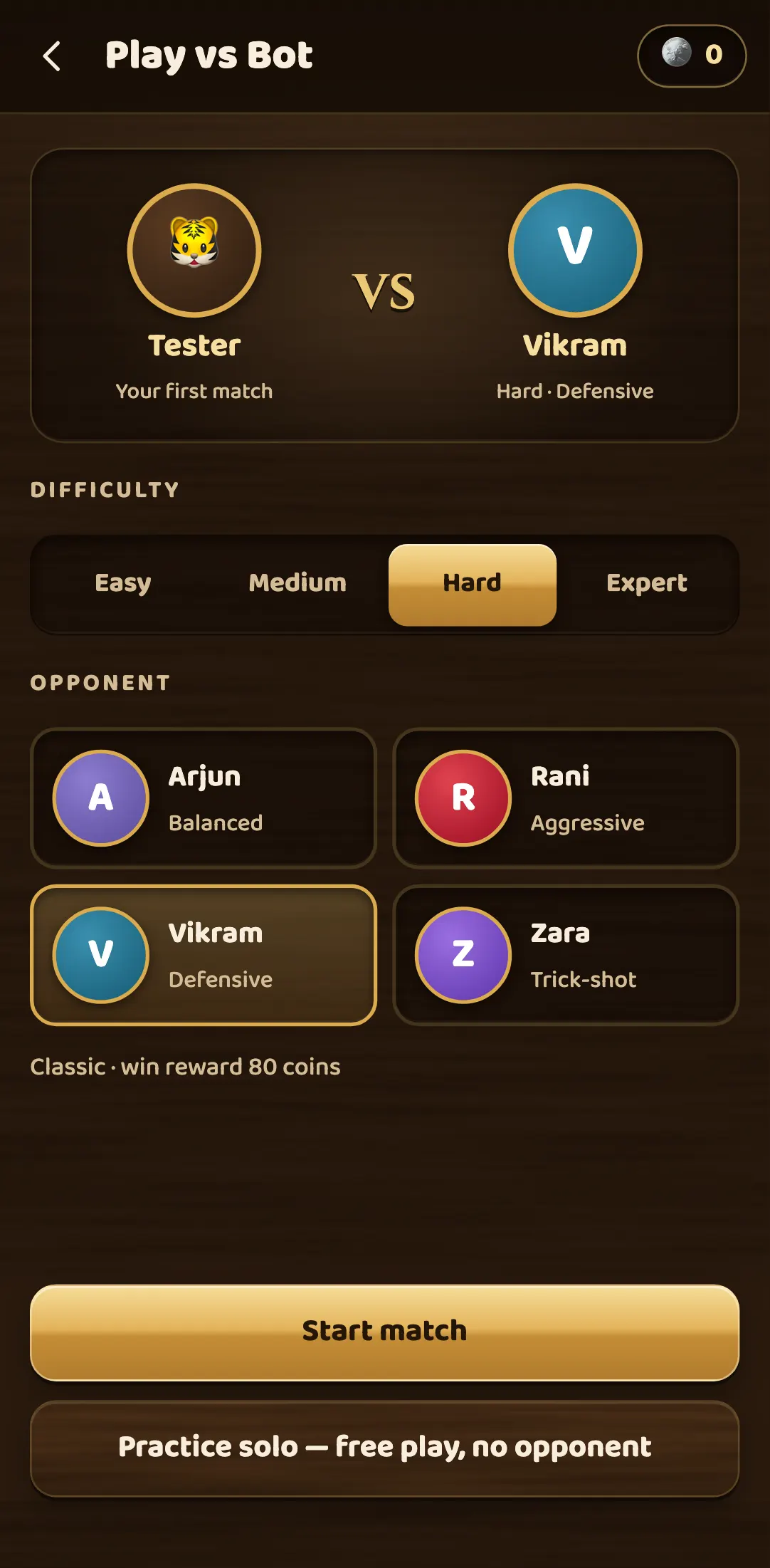 The Play vs Bot screen on a phone: difficulty set to Hard, and Vikram, the defensive bot, chosen from the four opponents Arjun, Rani, Vikram and Zara.