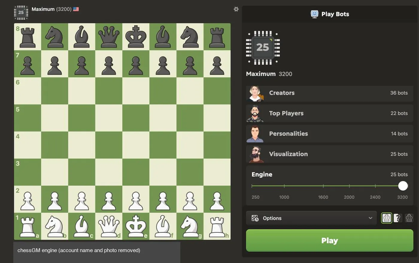 Chess.com Play Bots screen showing the Maximum bot card, rating 3200, and the Engine rating slider at its maximum; account name and photo removed.