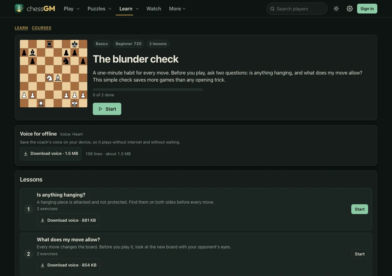 The chessGM course page for The blunder check: the course summary, a Start button, a Voice for offline card with a Download voice button and a list of two lessons.