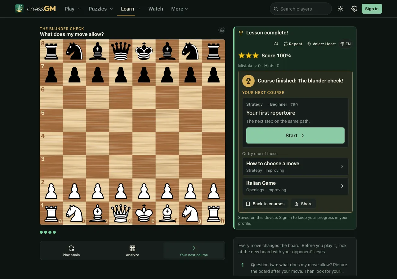 The chessGM lesson complete card at the end of The blunder check: three stars, Score 100 percent, Course finished, and a Your next course card for Your first repertoire with a Start button and two other suggestions.