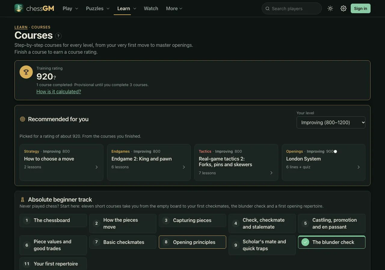 The chessGM Courses page after finishing one course: a Training rating card saying 1 course completed and provisional until 3 courses are completed, and a Recommended for you row.