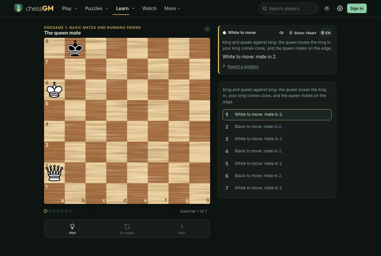 A chessGM endgame lesson called The queen mate: a board with a white king and queen against a lone black king, the instruction White to move: mate in 2, and a card explaining how the queen boxes the king in.