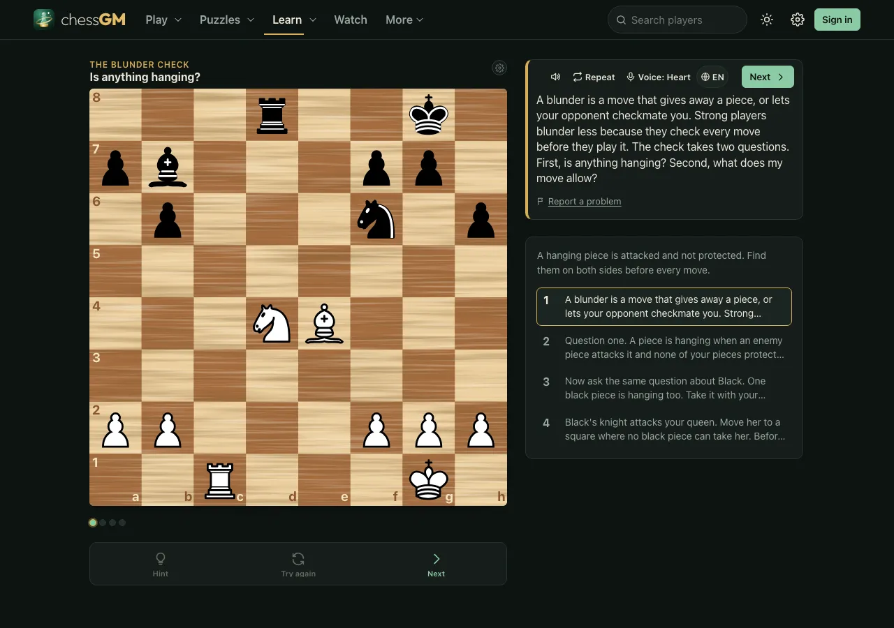 A chessGM lesson in The blunder check: a board with the question about hanging pieces, an explanation card with a Repeat button and a list of four steps.