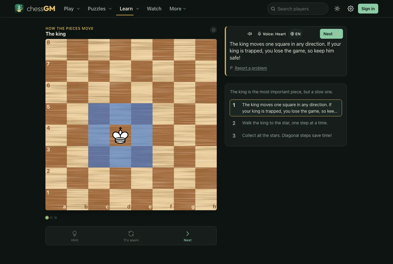 The chessGM king lesson: a white king on d4 with the squares around it shaded, an explanation card and a list of three steps.