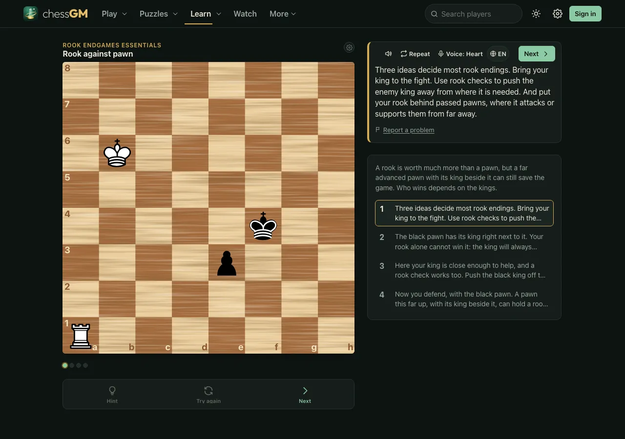 A chessGM lesson called Rook against pawn in Rook endgames essentials: a board with a white rook and king against a black king and pawn, and a card explaining three ideas that decide most rook endings.