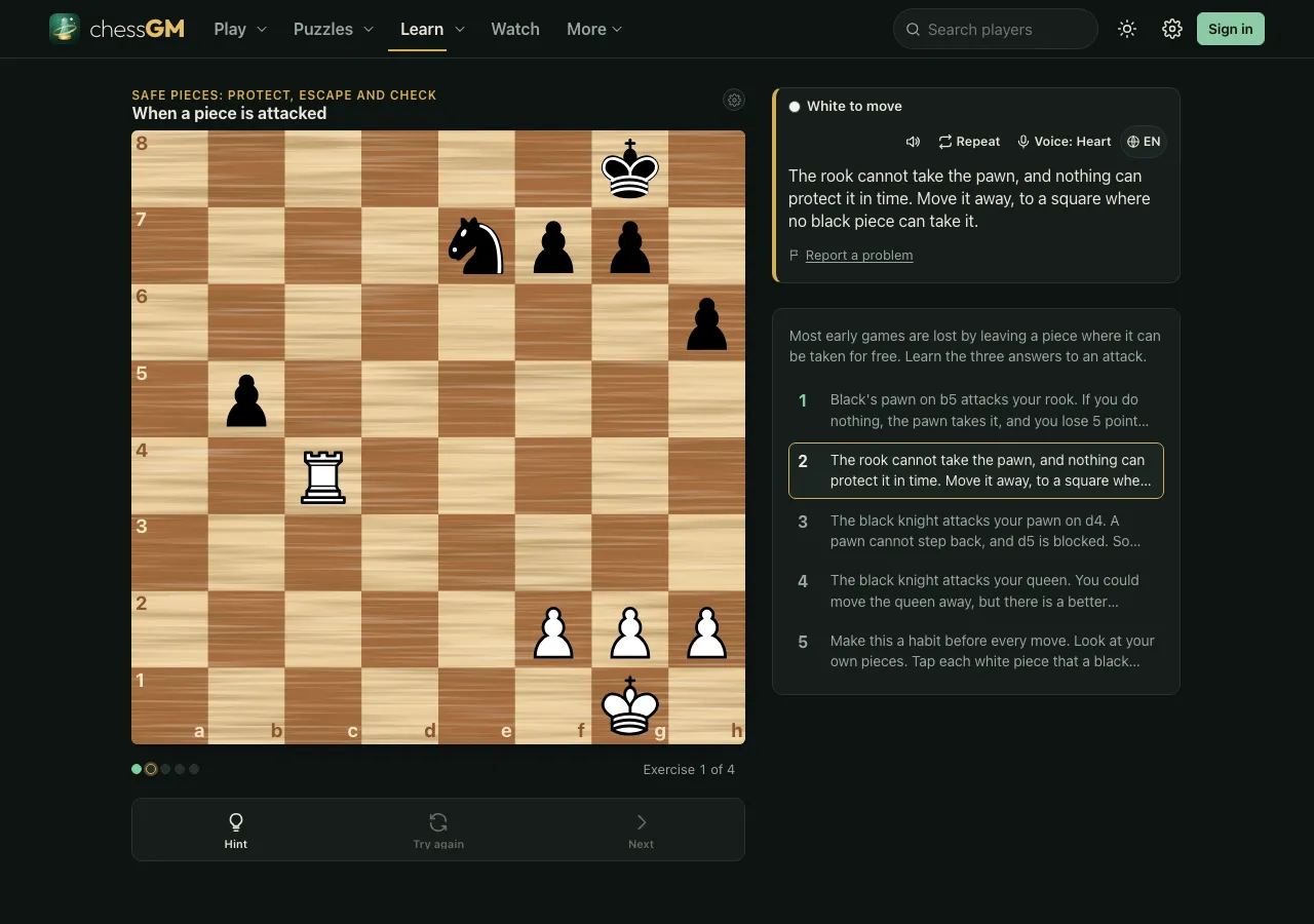 A chessGM lesson in Safe pieces: a board where a black pawn attacks White’s rook, with the instruction that the rook cannot take the pawn and must move to a safe square, and a list of five steps.