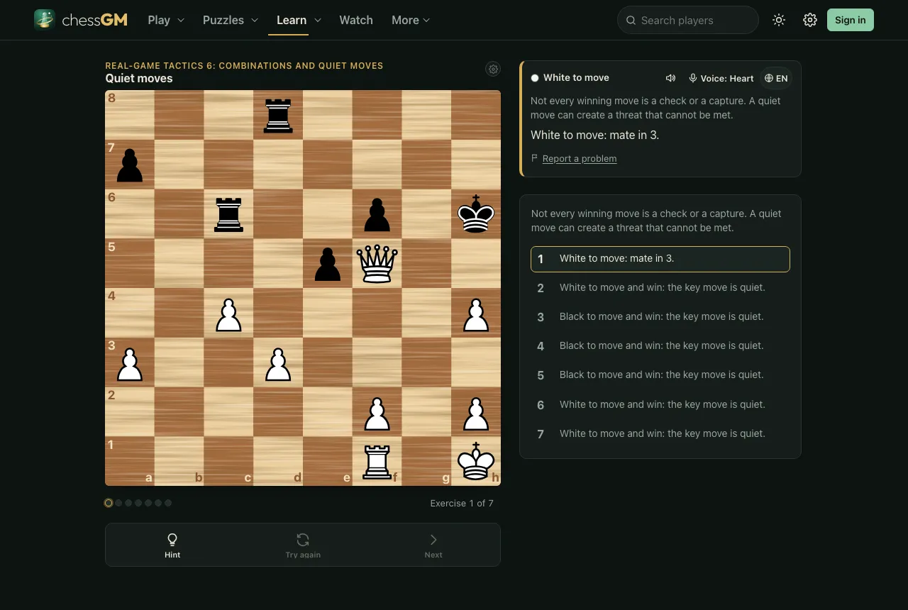 A chessGM real-game tactics lesson called Quiet moves: a middlegame position with White to move: mate in 3, and the explanation that not every winning move is a check or a capture.