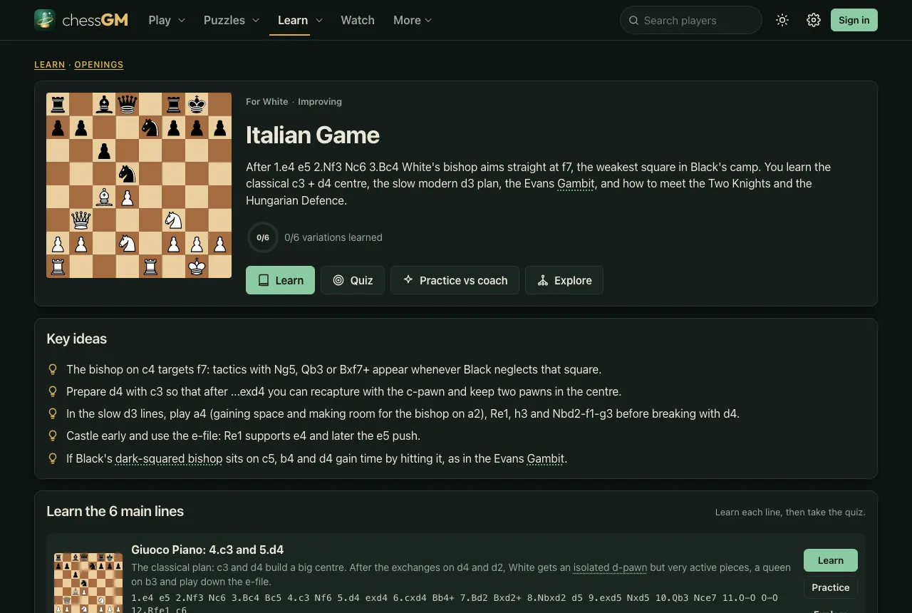 The chessGM Italian Game course page: the course description, buttons for Learn, Quiz, Practice vs coach and Explore, a list of key ideas and the first main line, Giuoco Piano.