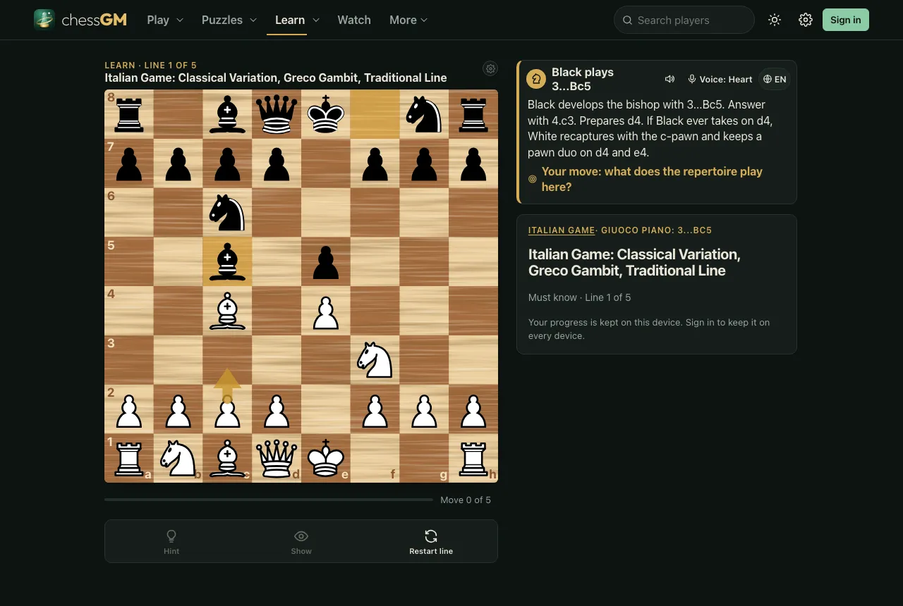 A chessGM opening line lesson in the Italian Game: the board after 4.c3 Nf6 5.d4, an explanation of the move, a prompt asking what the repertoire play is, and buttons Hint, Show and Restart line.