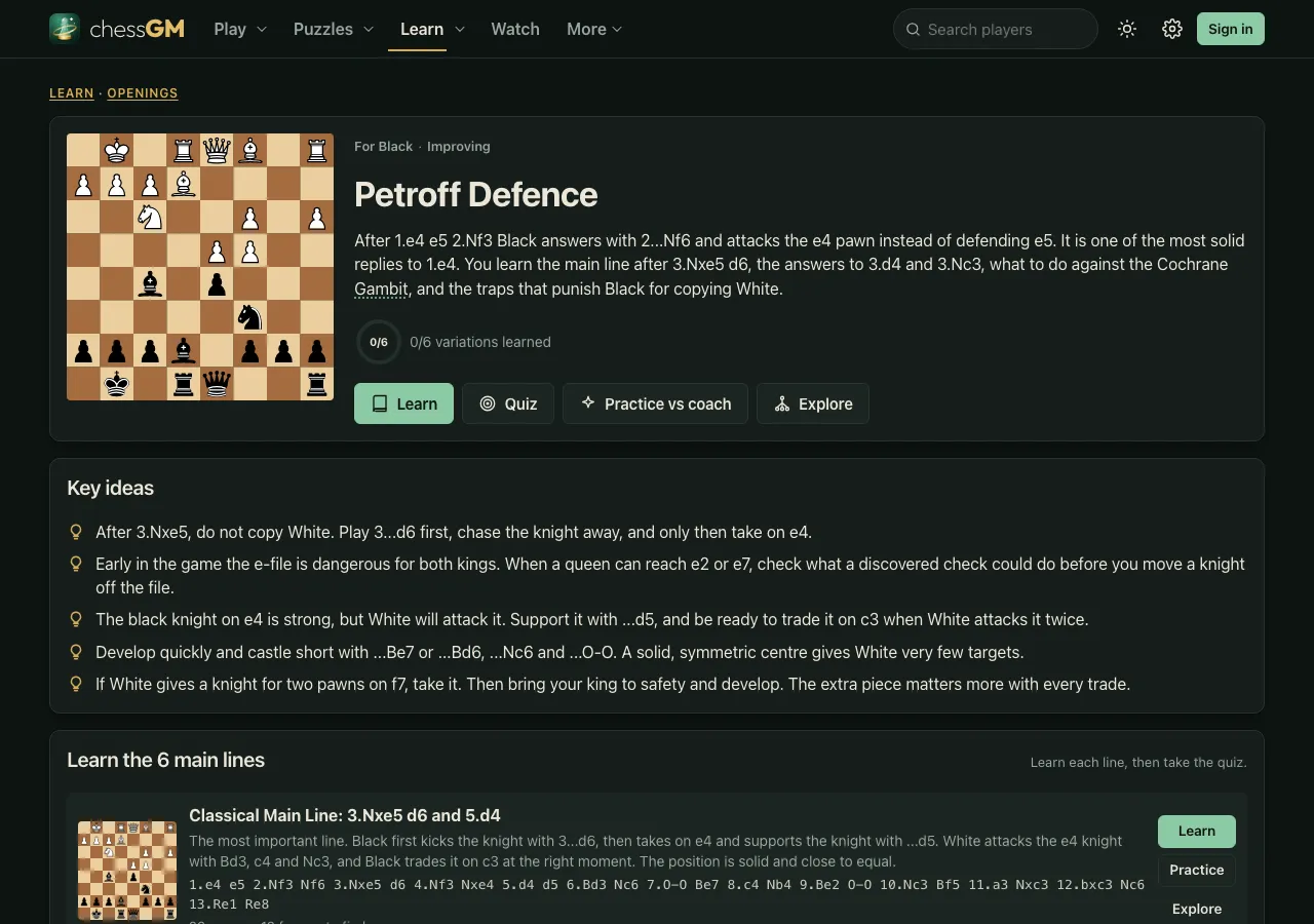 The chessGM Petroff Defence course page: the description, buttons Learn, Quiz, Practice vs coach and Explore, a list of key ideas and the first main line, the Classical Main Line.