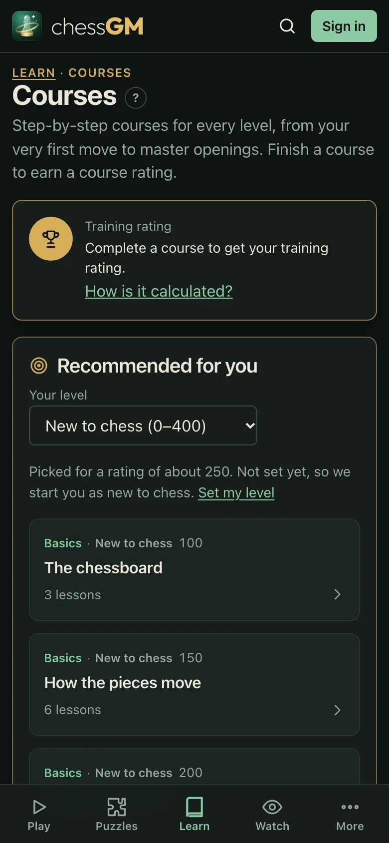 The chessGM Courses page on a phone: the page header, the Training rating card and the Recommended for you cards stacked in one column.