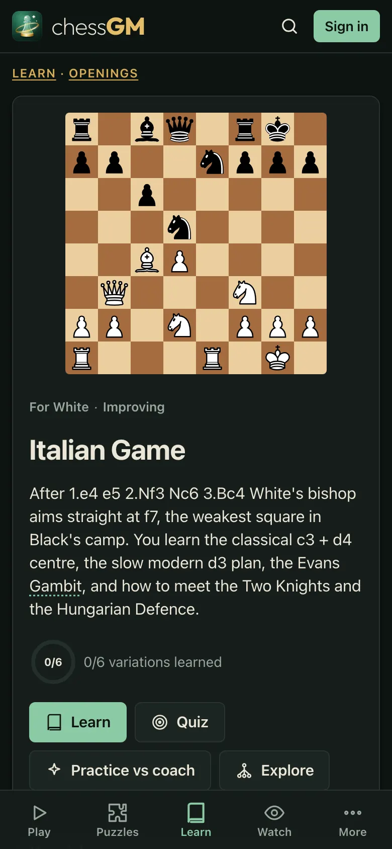 The chessGM Italian Game course page on a phone: the description, the Learn button and the start of the key ideas, in one column.