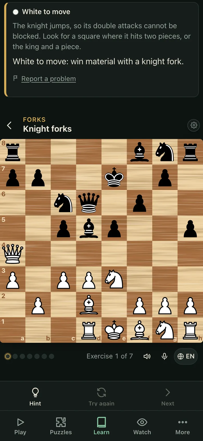 A chessGM tactics exercise on a phone: the board on top with the position, the instruction White to move: win material with a knight fork, and the Hint, Try again and Next buttons.