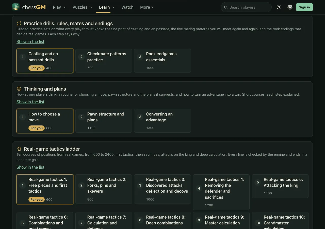 The chessGM Courses page showing the Practice drills ladder with three courses: Castling and en passant drills at level 400, Checkmate patterns practice at 700 and Rook endgames essentials at 1000, above the Thinking and plans ladder.
