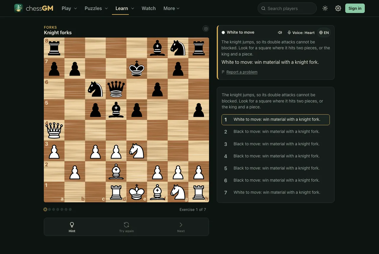 A chessGM tactics lesson called Knight forks: a board with pieces set up for a fork, the instruction White to move: win material with a knight fork, and Hint, Try again and Next buttons.
