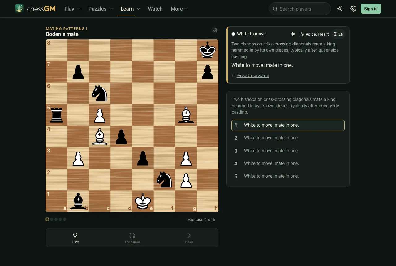 A chessGM lesson on Boden’s mate: a board with White to move and a mate in one to find, with the explanation that two bishops on criss-crossing diagonals mate a king hemmed in by its own pieces.
