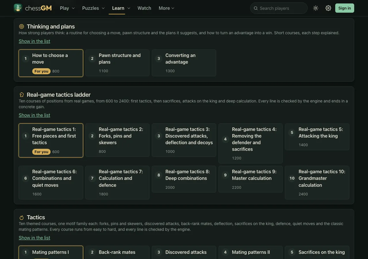The Thinking and plans ladder on the chessGM Courses page with three courses: How to choose a move at level 800, Pawn structure and plans at 1100 and Converting an advantage at 1300.