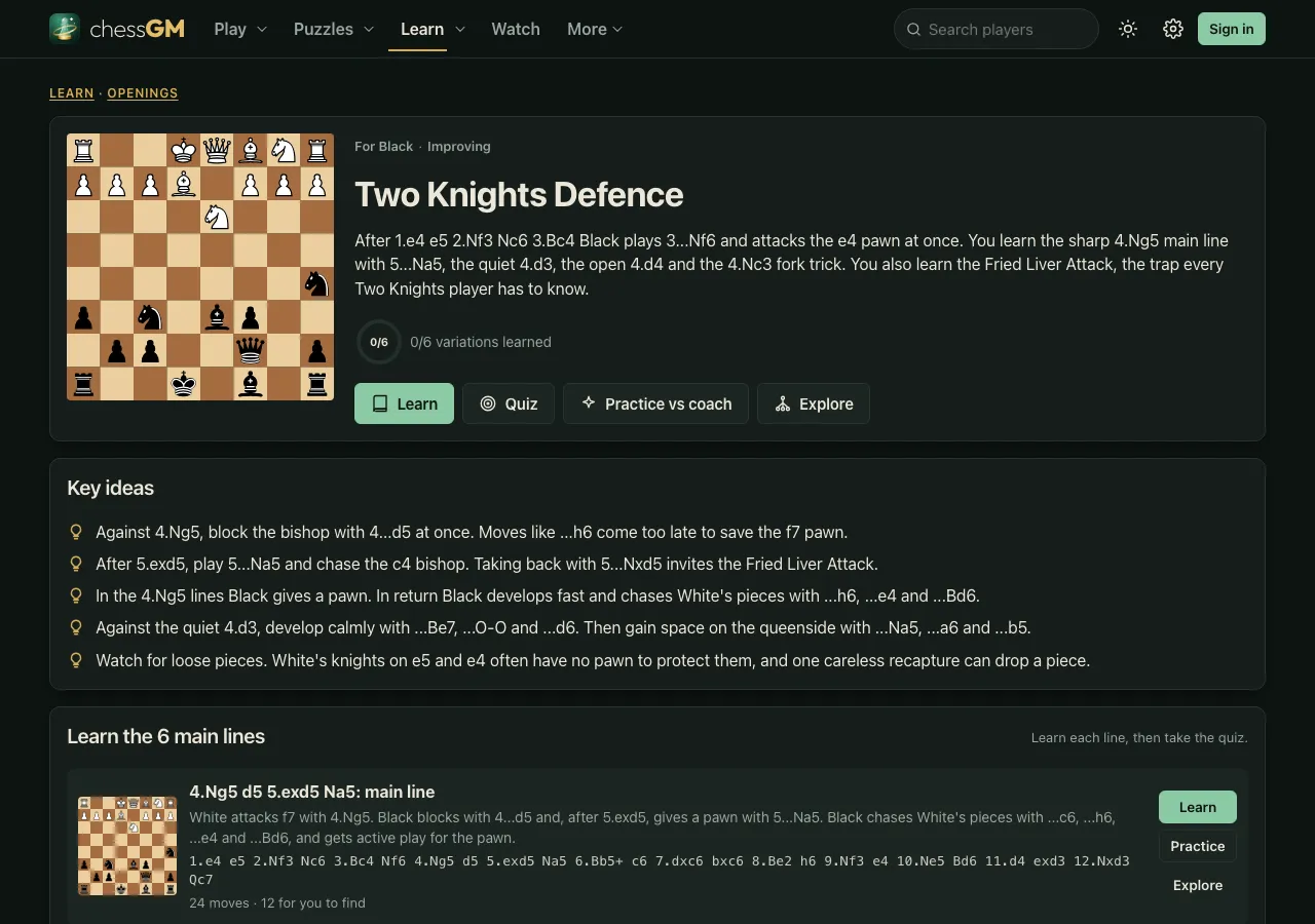 The chessGM Two Knights Defence course page: the description, the Learn, Quiz, Practice vs coach and Explore buttons, a list of key ideas and the first main line, the 4.Ng5 d5 5.exd5 Na5 main line.