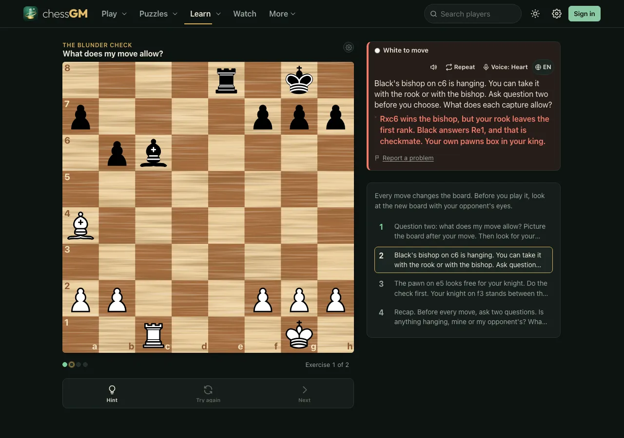 The chessGM exercise What does my move allow? after a wrong move: the board still shows the original position and a red message says that Rxc6 wins the bishop but your rook leaves the first rank, and Black answers Re1 with checkmate.