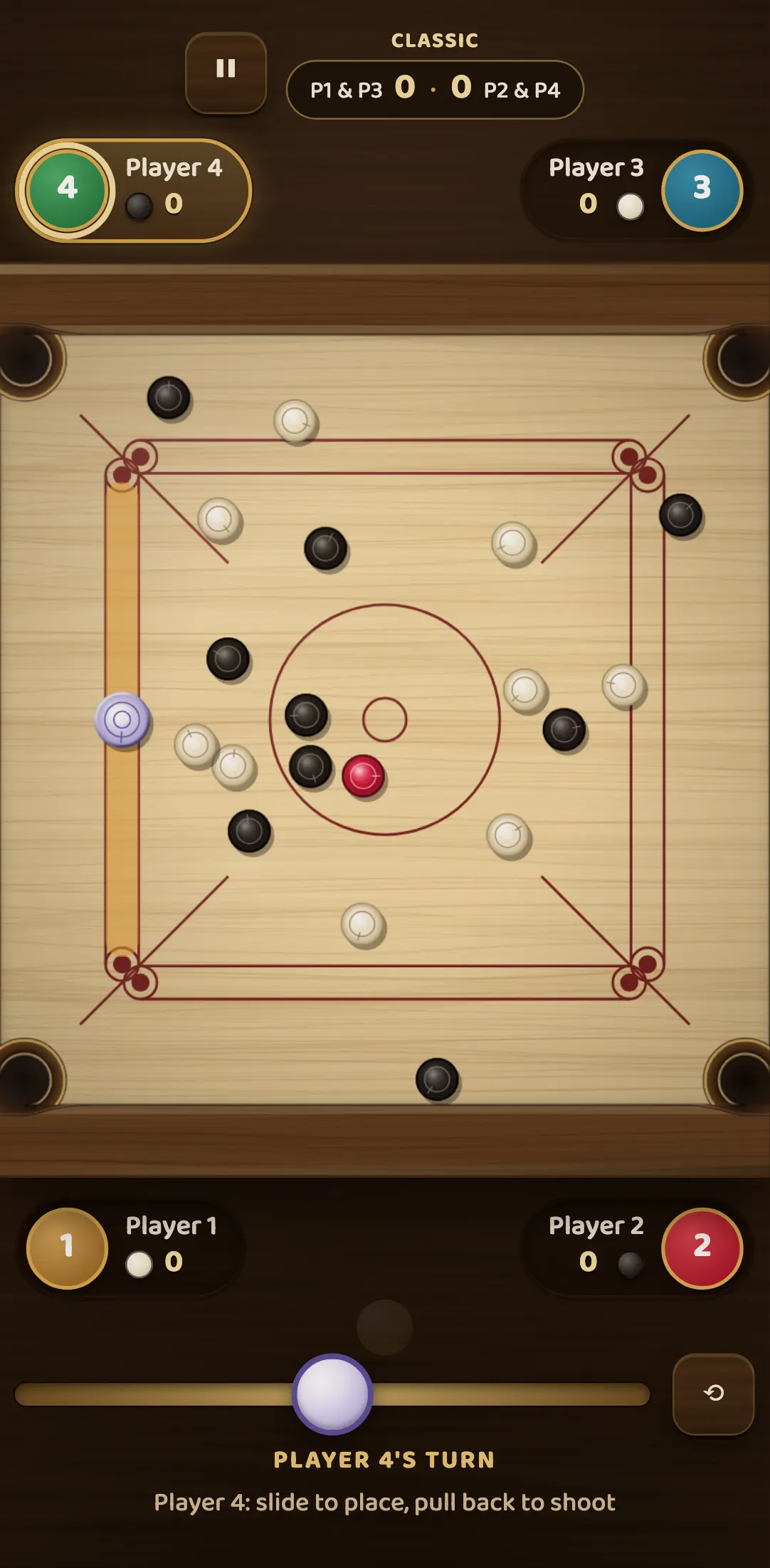 A 2 v 2 Classic carrom match on a phone, with the team score bar “P1 & P3” against “P2 & P4” at the top and a player in each corner.