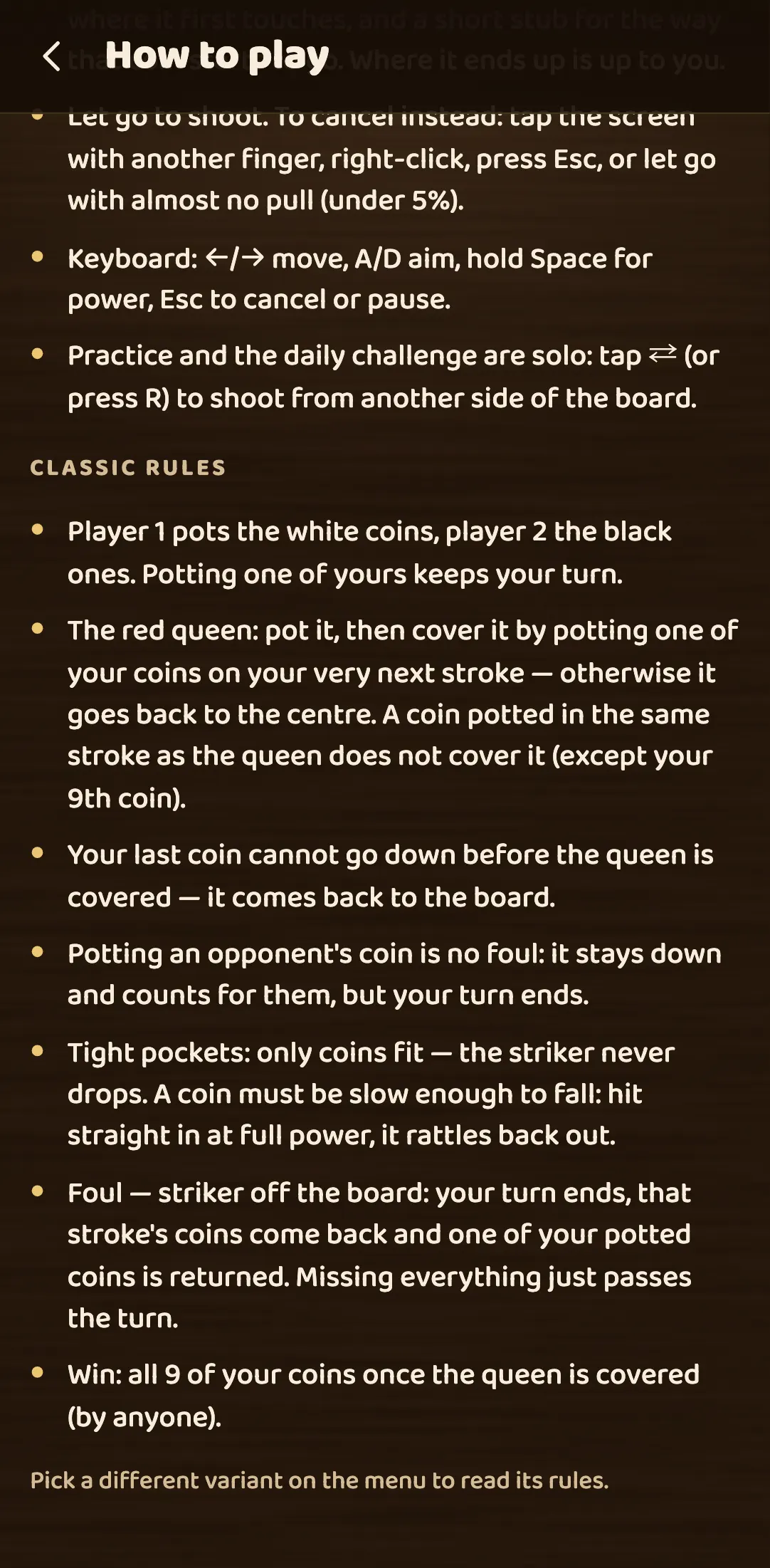 The How to play screen in Carrom listing the Classic rules, including that potting an opponent’s coin is no foul and what a striker off the board costs.