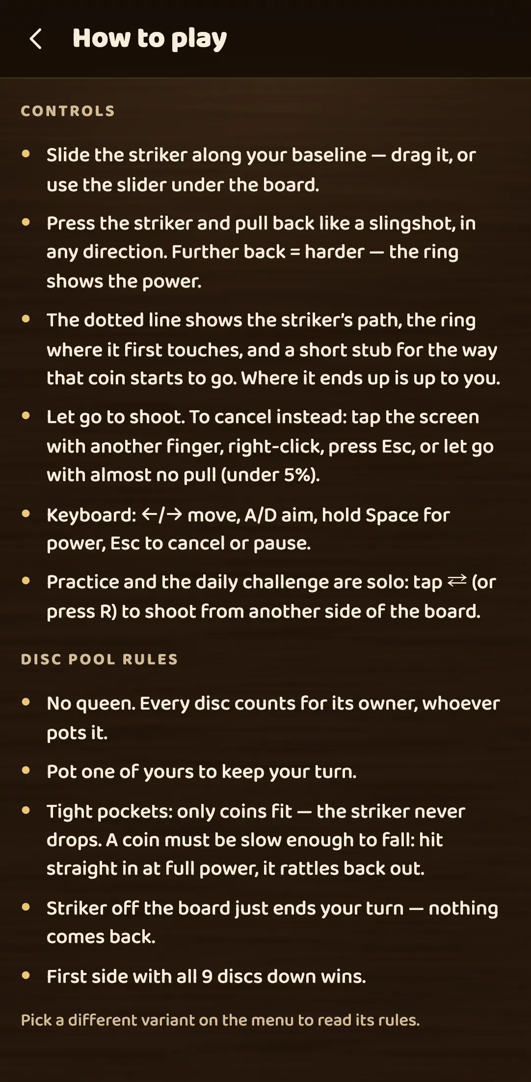 The How to play screen in Carrom showing the controls and the five Disc Pool rules: no queen, pot one of yours to keep your turn, tight pockets, striker off the board just ends your turn, first side with all 9 discs down wins.