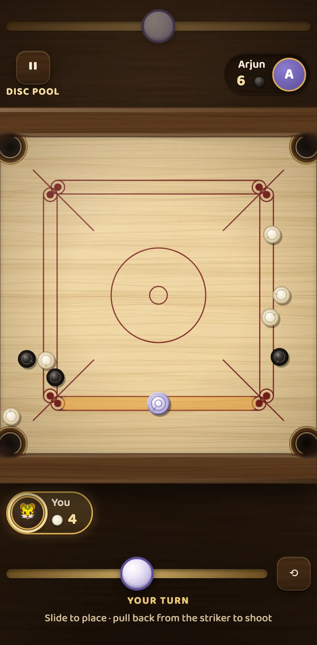 A Disc Pool match on a phone against the bot Arjun. There is no red queen on the board. You have 4 white discs down and Arjun has 6 black discs down, and it is your turn with the striker on the baseline.