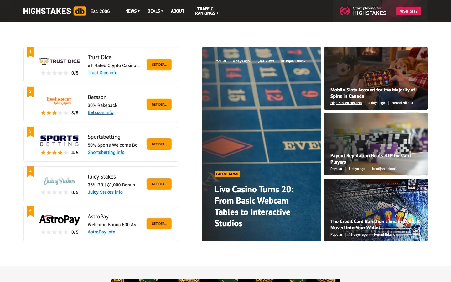 Homepage of HighStakesDB