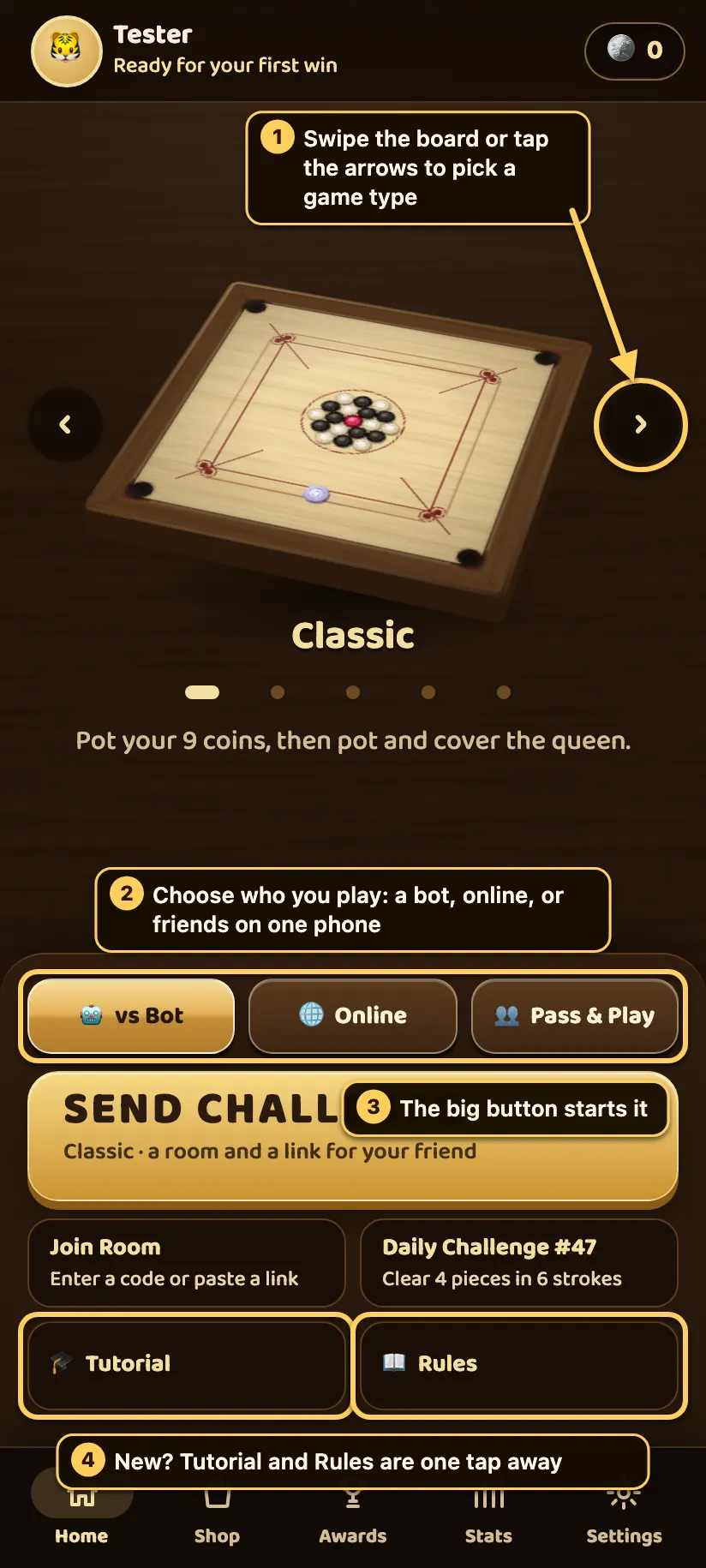 The Carrom home screen on a phone with numbered callouts: swipe or tap the arrows to change the game type, the vs Bot, Online and Pass & Play buttons, the big start button, and the Tutorial and Rules buttons.