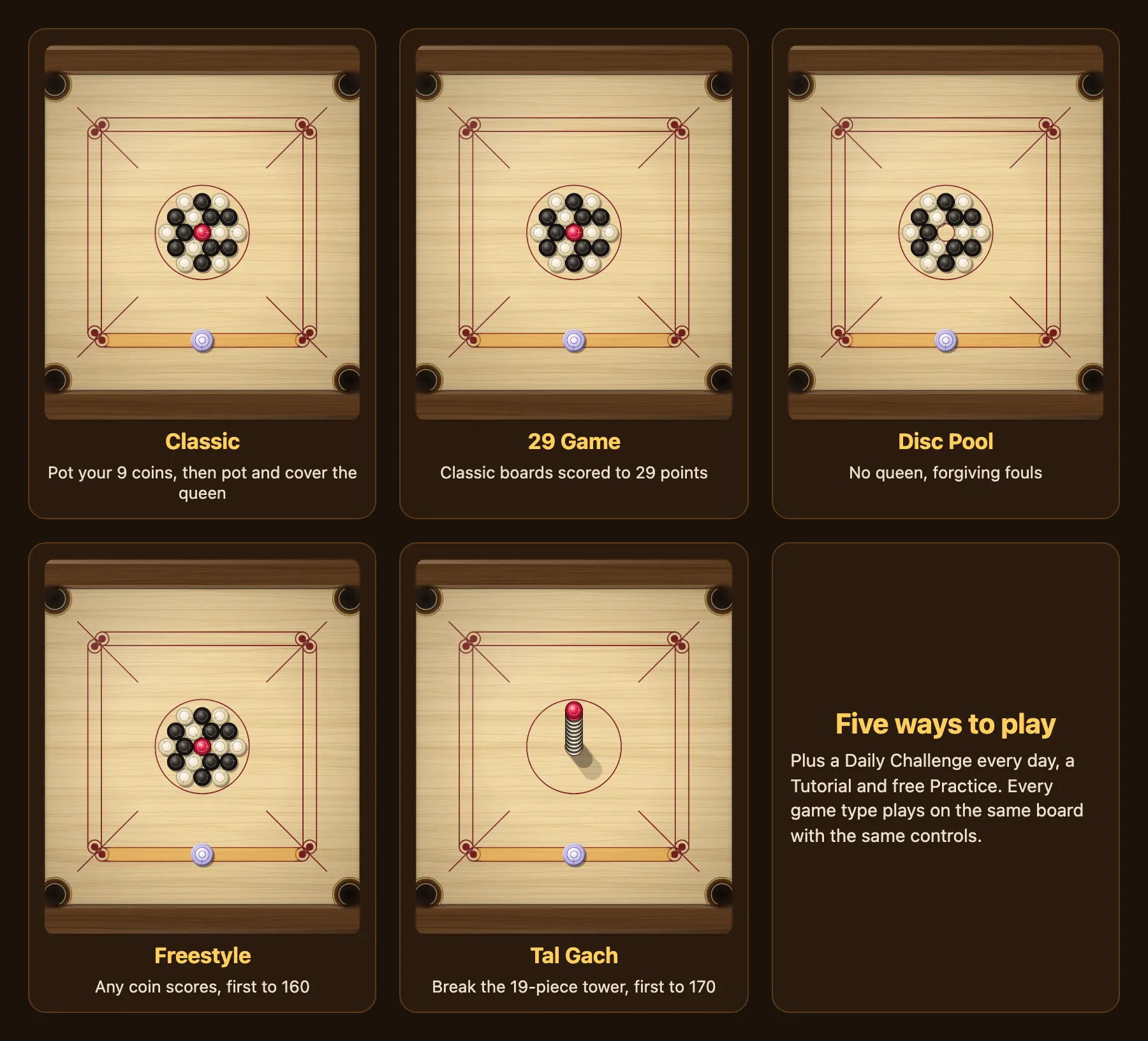 The opening layout of the five game types side by side: Classic, 29 Game, Disc Pool and Freestyle with coins in a ring around the red queen, and Tal Gach with all 19 pieces stacked in one tower.