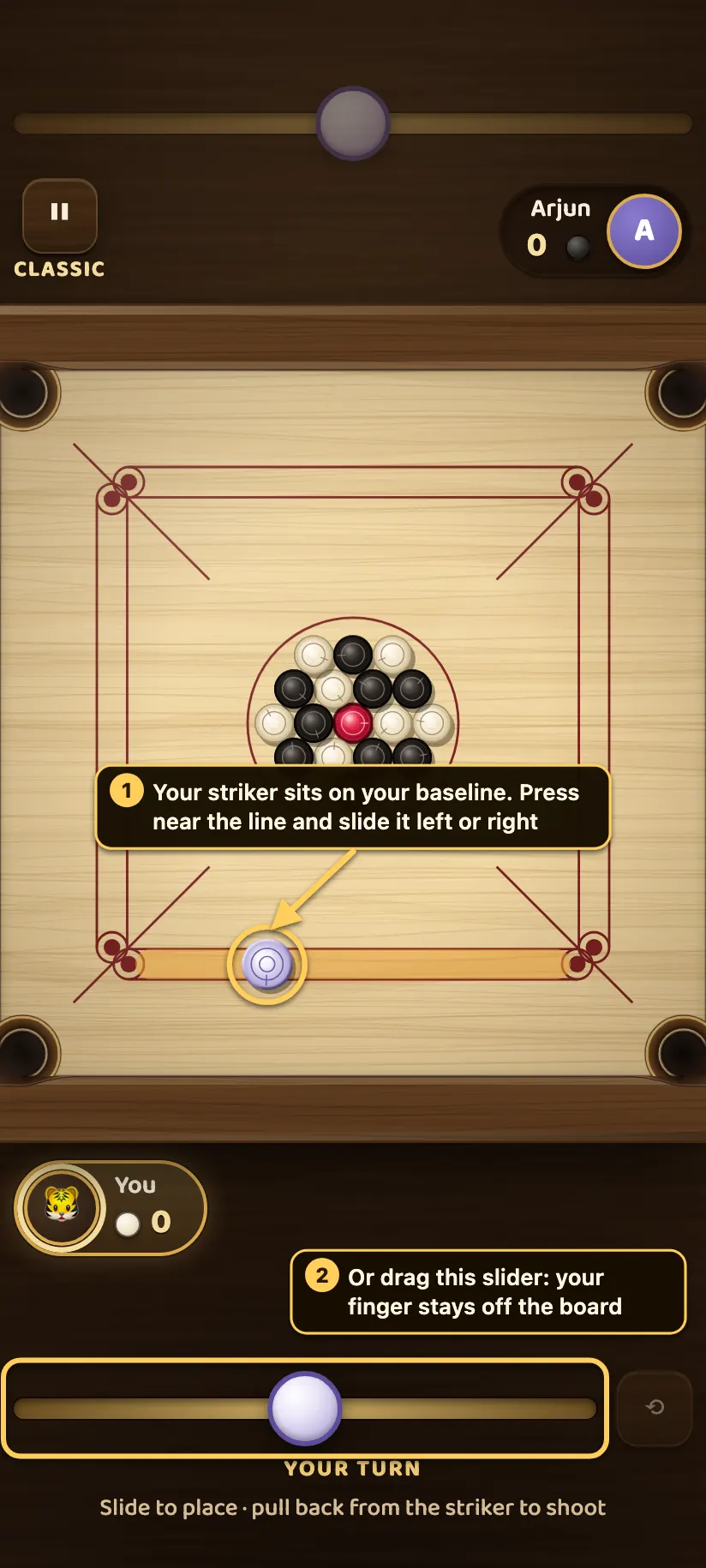 A Classic match on a phone: the striker on the player's baseline with a callout to press near the line and slide it, and a second callout on the slider under the board.