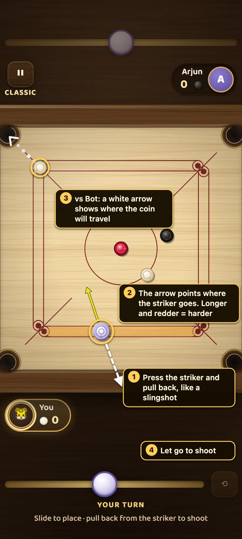Aiming in Carrom: a dashed arrow shows the finger pulling back from the striker like a slingshot, a yellow power arrow points the way the striker will go, and a white arrow runs from the target coin into the top-left pocket.