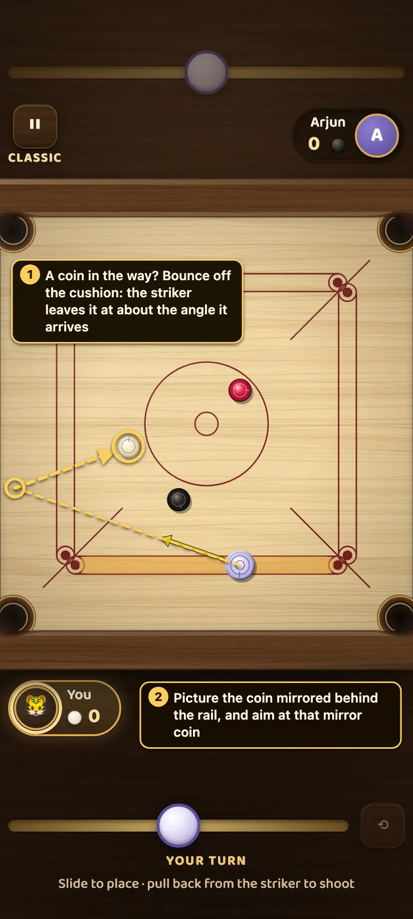 A bank shot: a black coin blocks the direct line, so a dashed path runs from the striker to the left cushion and bounces off it into the white target coin.