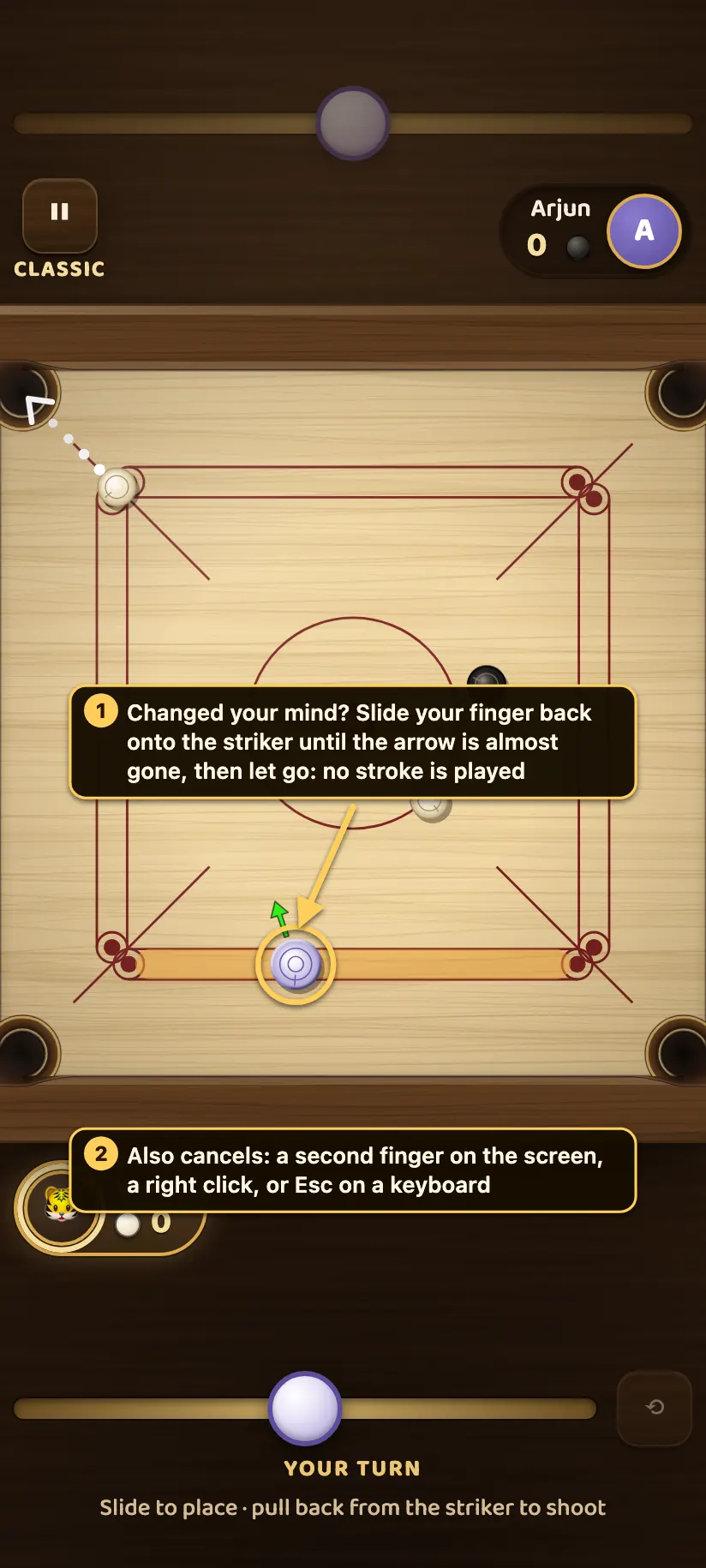 Cancelling a shot: the power arrow is almost gone because the finger has slid back onto the striker, with callouts explaining that letting go now plays no stroke, and that a second finger, a right click or Esc also cancel.