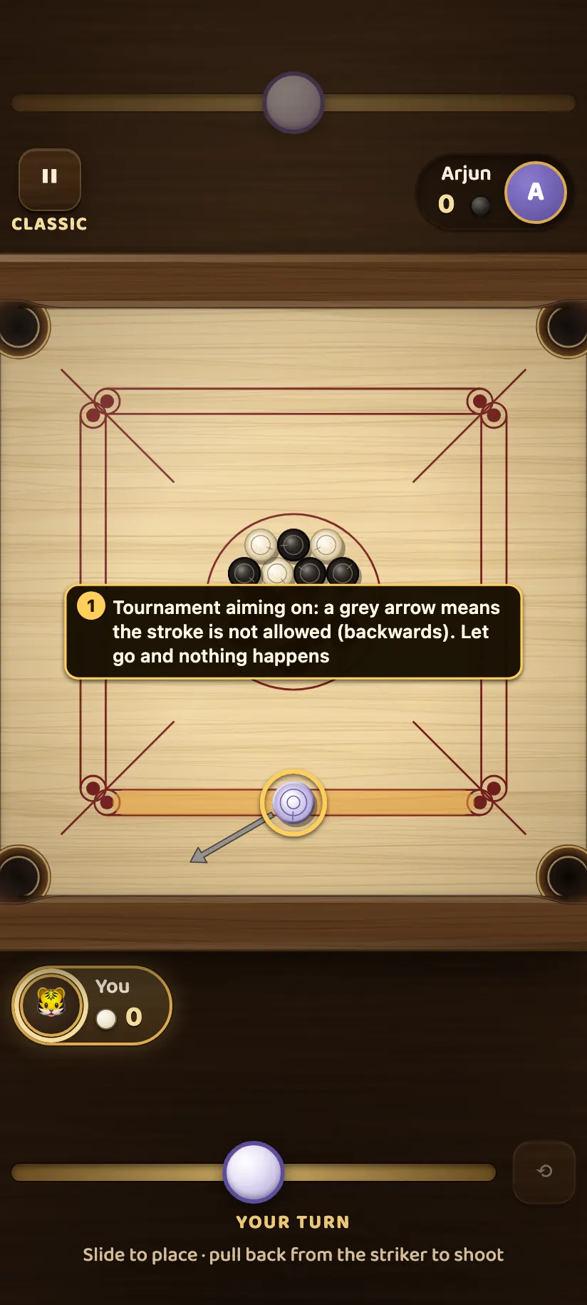 Tournament aiming switched on: the player aims backwards and the power arrow turns grey, meaning the stroke is not allowed and letting go does nothing.