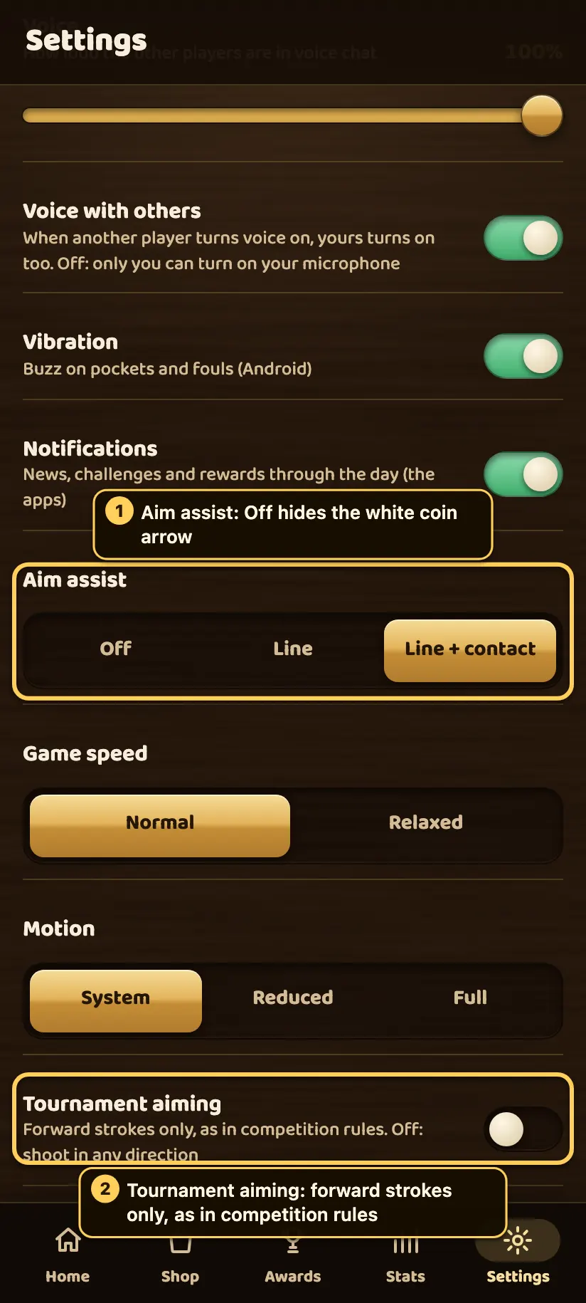 The Carrom settings screen with the Aim assist choice (Off, Line, Line + contact) and the Tournament aiming switch highlighted.