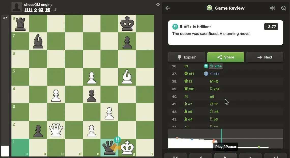 chess.com Game Review showing 36...Qxf1+ in game 2 labelled Brilliant, with the comment that the queen was sacrificed.