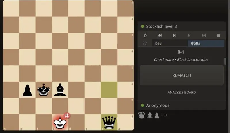 Lichess game 2 after 77...Qb8 checkmate, shown from Black’s side: the black queen on b8 gives mate to the white king on e8 with the black bishop and king nearby, and the result 0-1.
