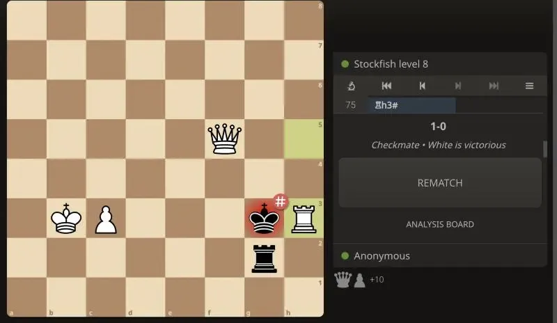 Lichess game 3 after 75.Rh3 checkmate: a white rook on h3 and queen on f5 against the black king on g3, and the result 1-0.