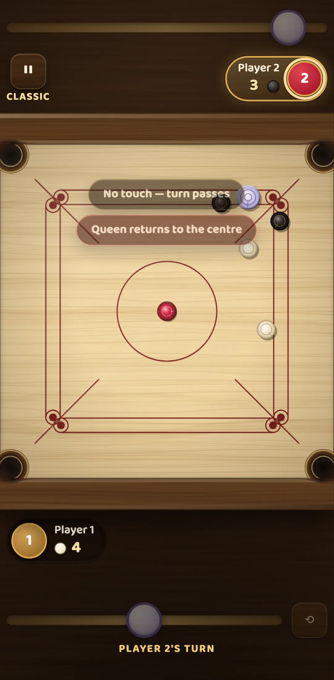 A Classic carrom board on a phone right after a stroke that touched nothing: the messages “No touch — turn passes” and “Queen returns to the centre” are shown, the red queen is back on the centre spot and it is now Player 2’s turn.
