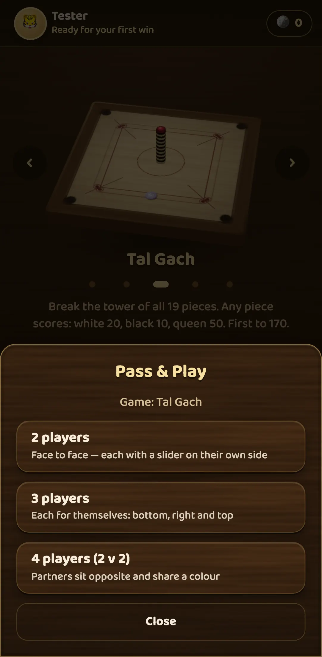 The Pass & Play sheet in Carrom for Tal Gach, offering 2 players, 3 players each for themselves, and 4 players as 2 v 2 partners.