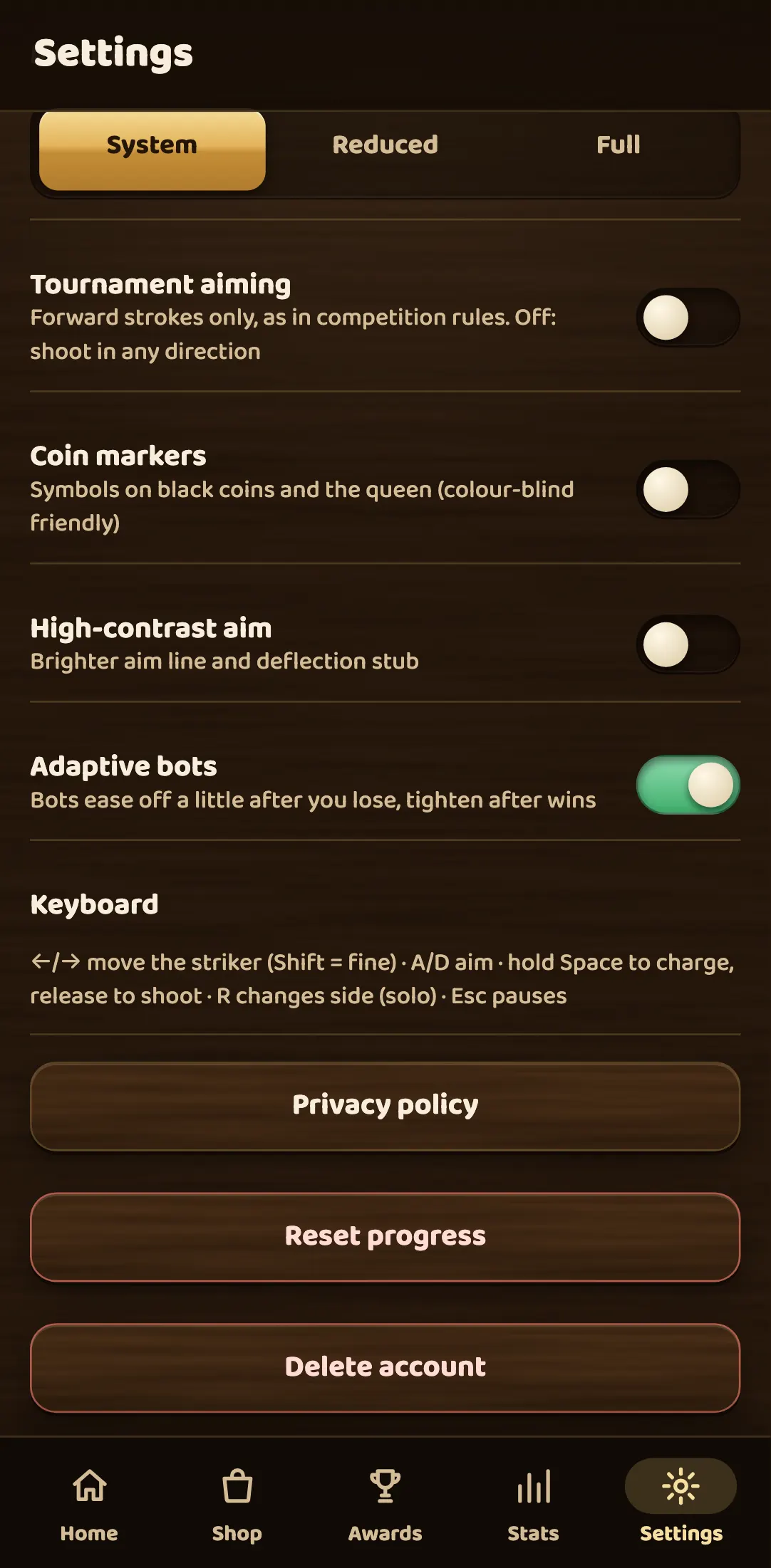 The Carrom settings screen with the Adaptive bots switch turned on, described as bots that ease off a little after you lose and tighten after wins.